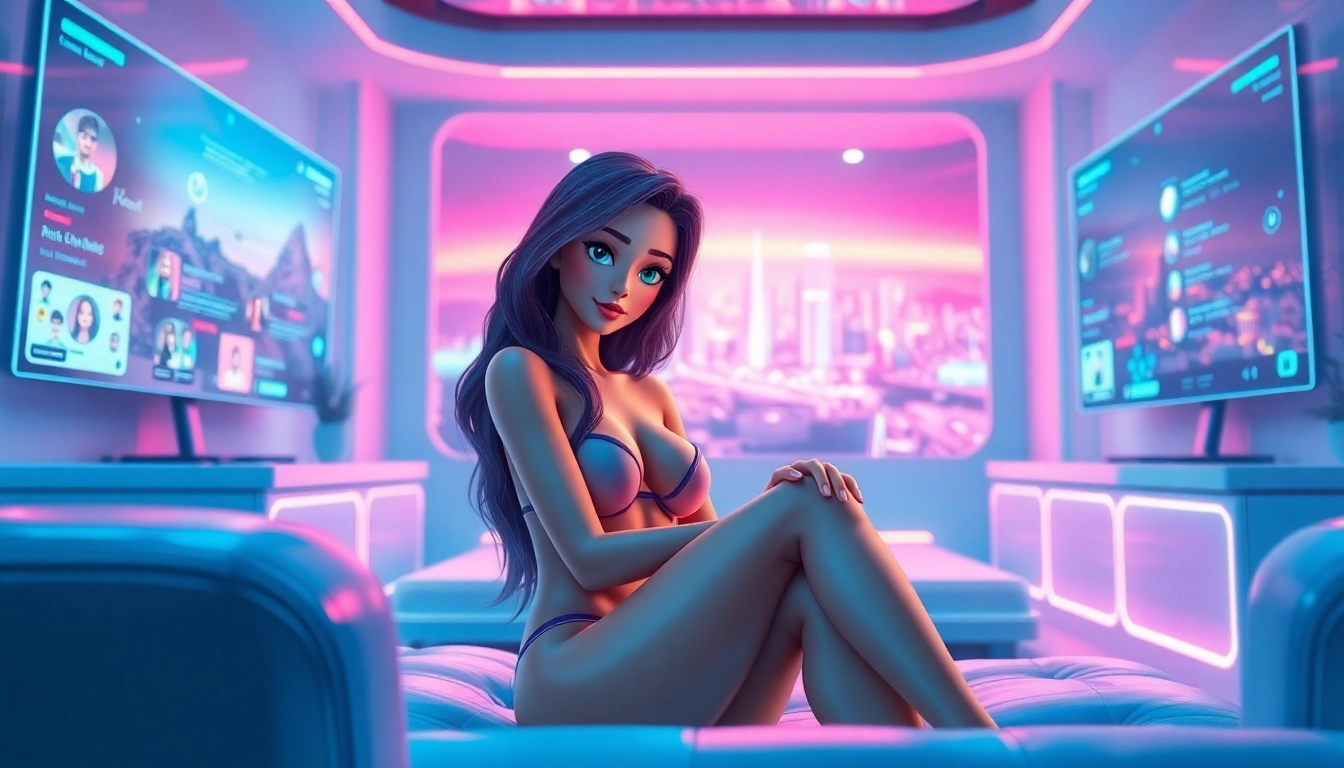 Futuristic digital scene of an AI chat environment with a realistic female avatar in a neon-lit room