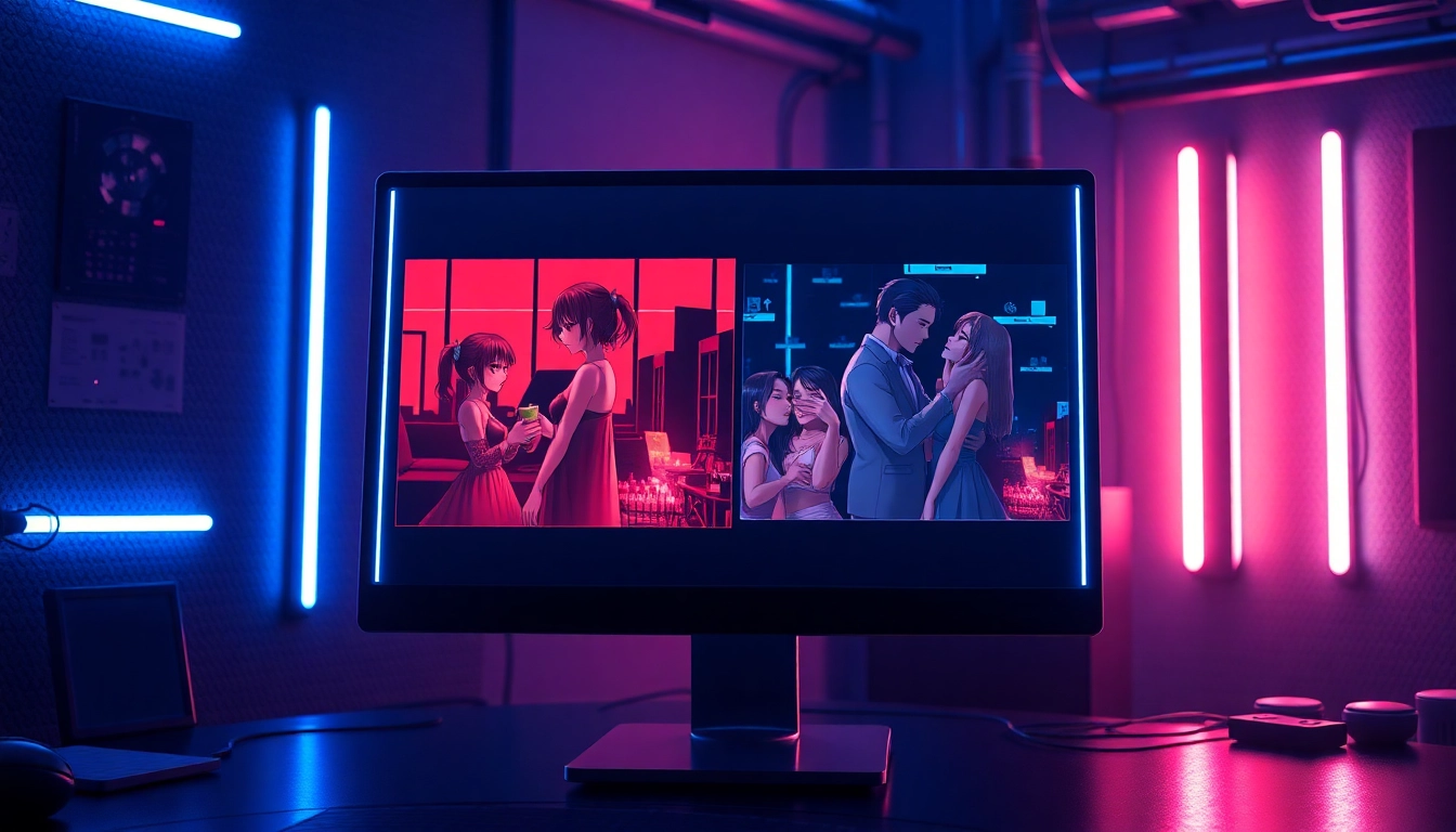 Futuristic workspace with a computer screen displaying detailed NSFW AI-generated visuals in a dimly lit environment.