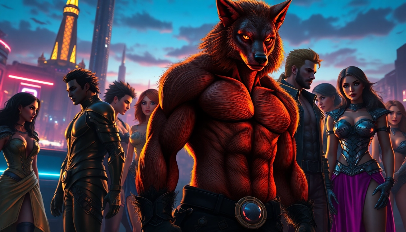 Illustration of a diverse group of characters in a fantasy cityscape, emphasizing mystique and intimacy in vibrant colors and detailed textures.