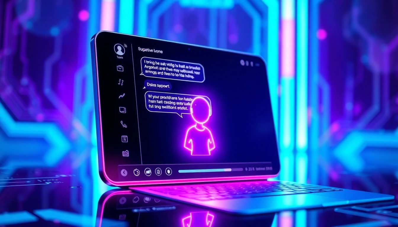 Futuristic AI chatbot interface with neon colors and digital chat bubbles on a sleek screen.
