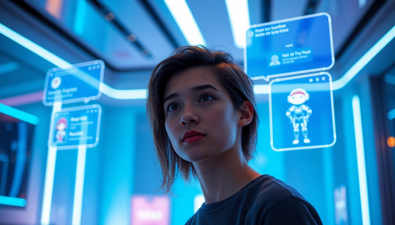 Futuristic digital interface with holographic chat windows and an AI character in a high-tech environment.