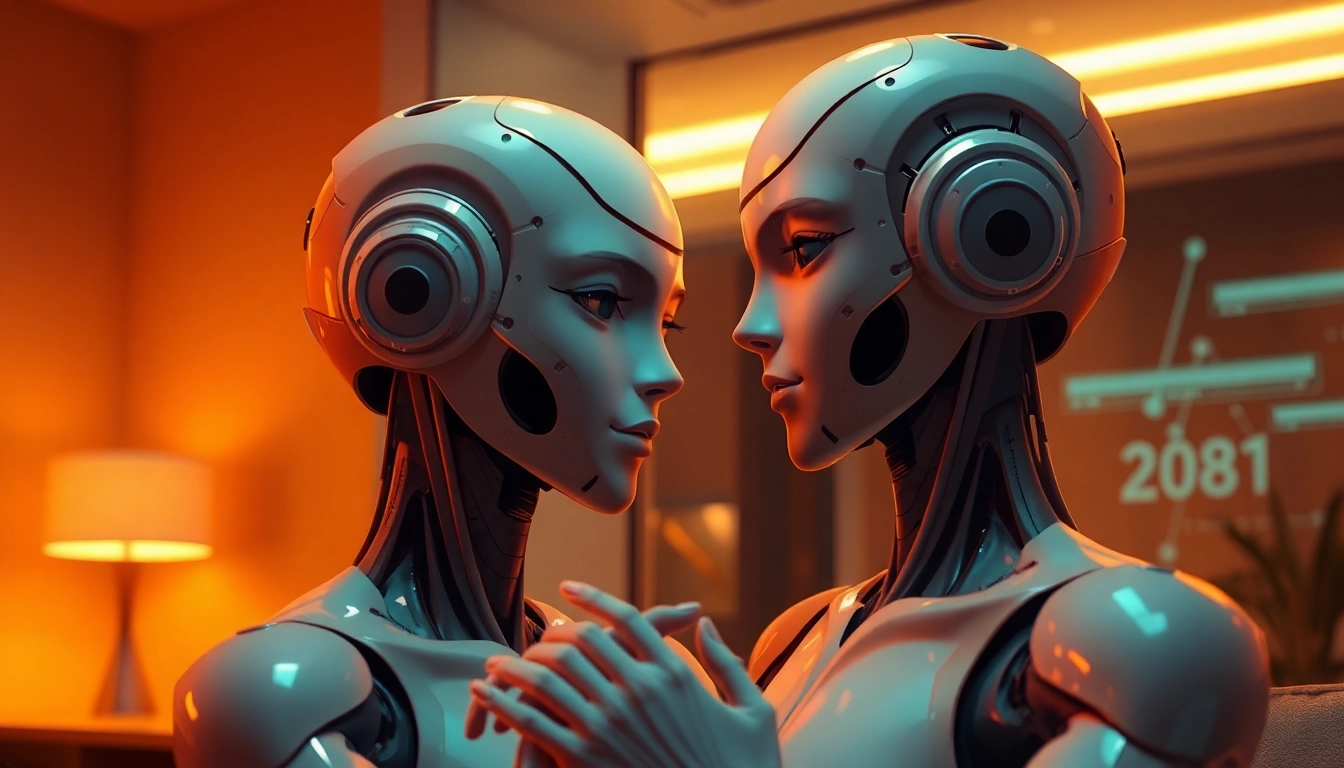 Two realistic AI characters engaging in intimate conversation in a softly lit modern room.