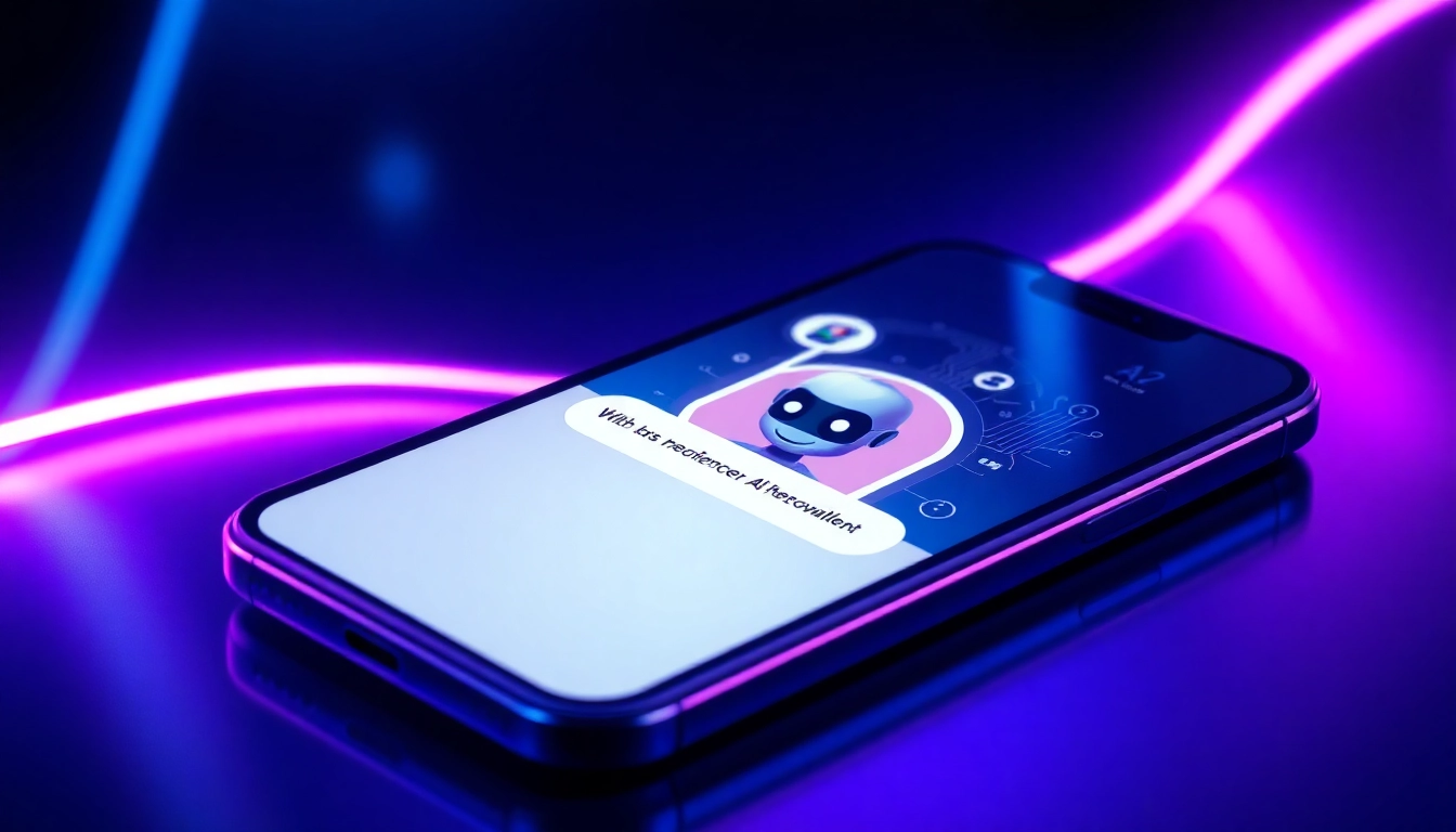 Digital illustration of a chatbot interface on a smartphone with neon accents and AI characters.