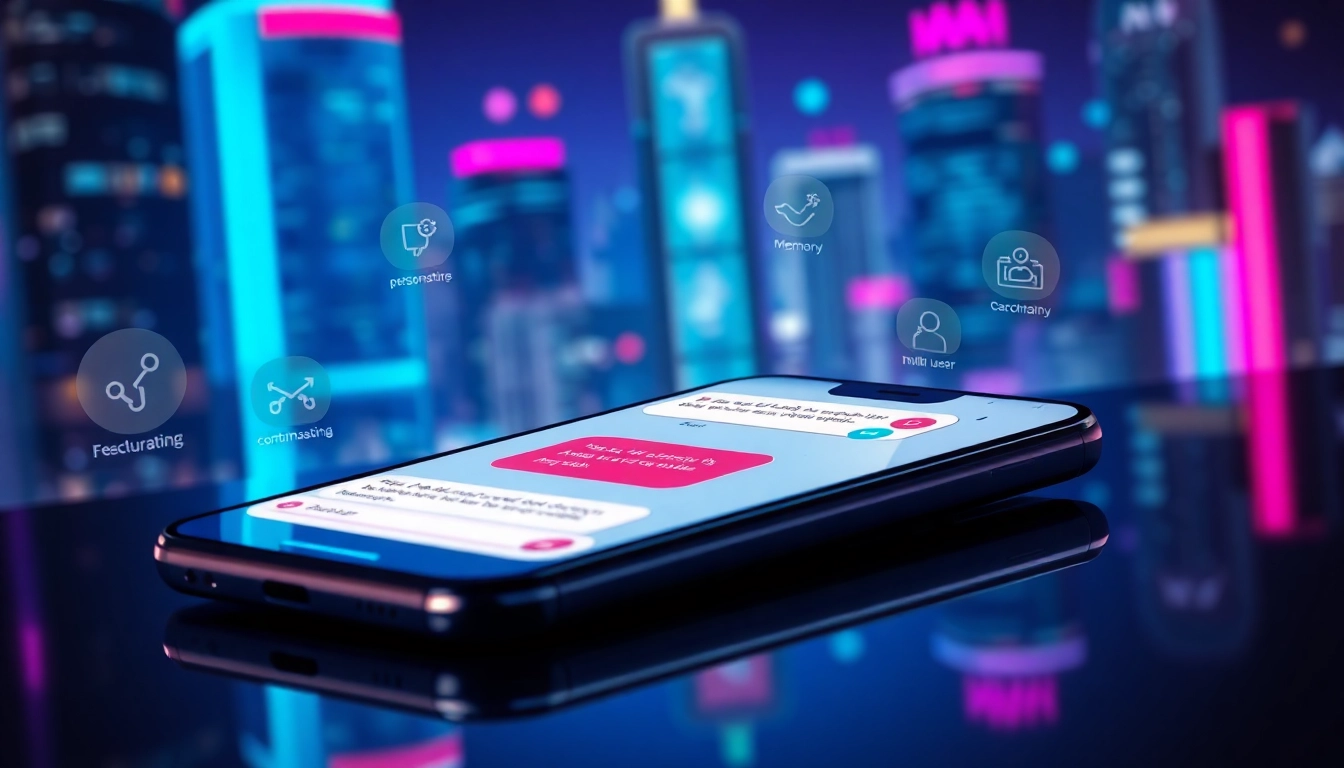 Smartphone displaying an AI chat conversation with neon-lit city background, emphasizing adult AI chat features.