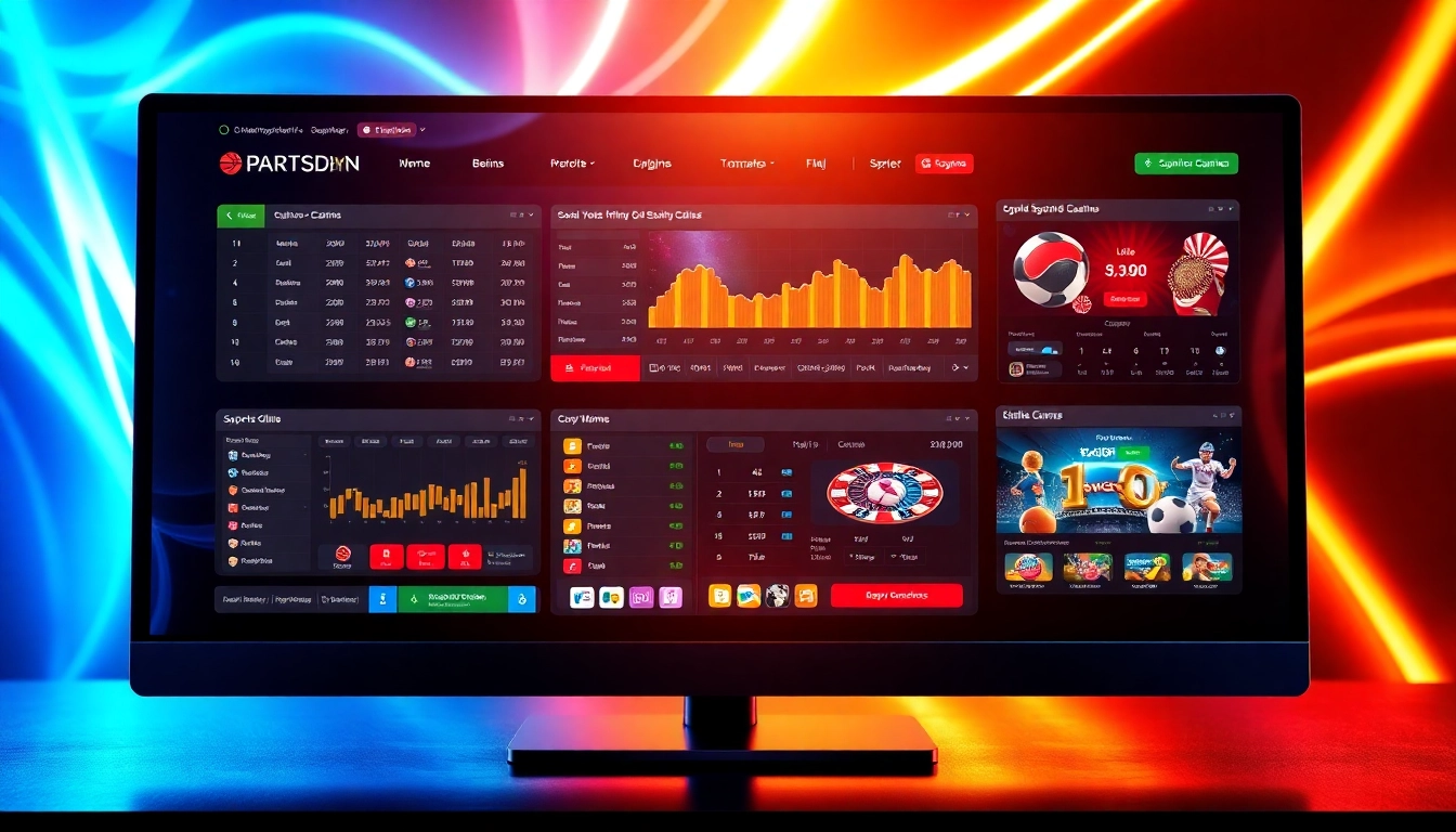 Digital illustration of an online sportsbook and casino platform with vibrant neon accents and live betting screens