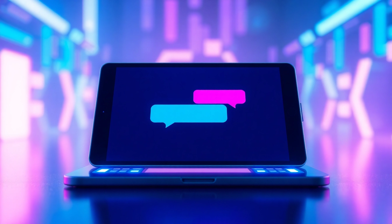 A futuristic digital chat interface on a tablet with neon-lit holographic elements, symbolizing AI conversations.