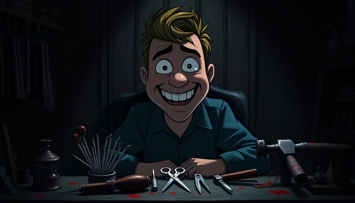 Harvey, a cheerful character, sitting in a dark room with a sinister shop display of violent tools, conveying a disturbing psychological horror atmosphere.