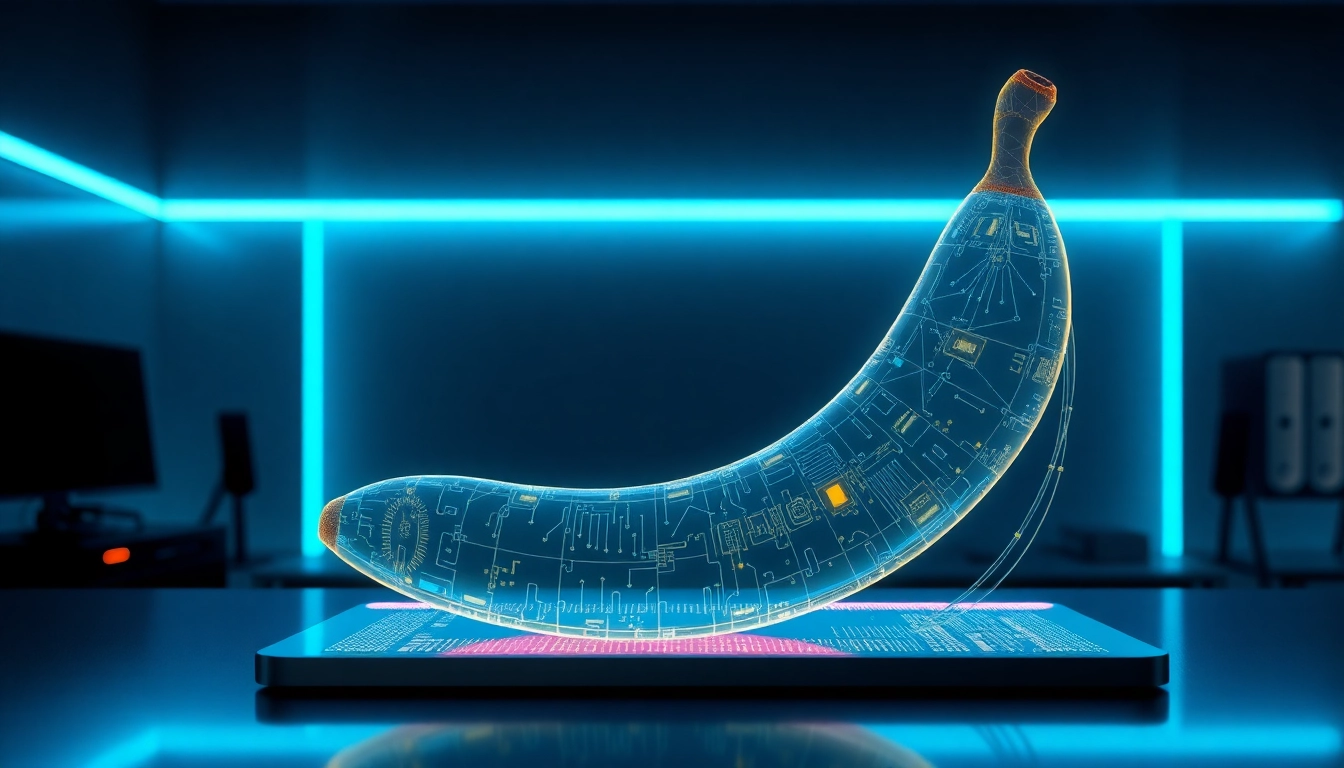 Futuristic AI interface displaying a holographic banana with circuit patterns in a high-tech workspace.