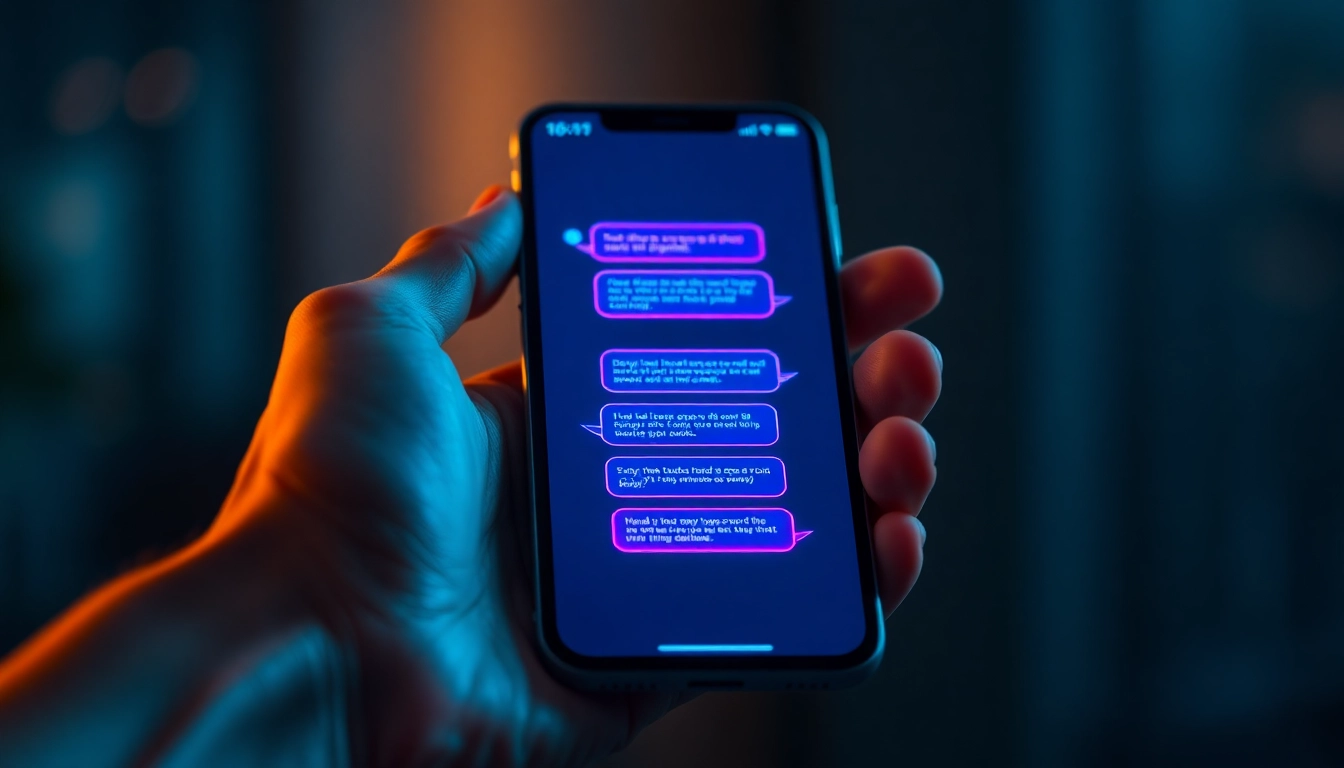 Close-up of a smartphone displaying a neon-lit AI chat interface in a dim environment.