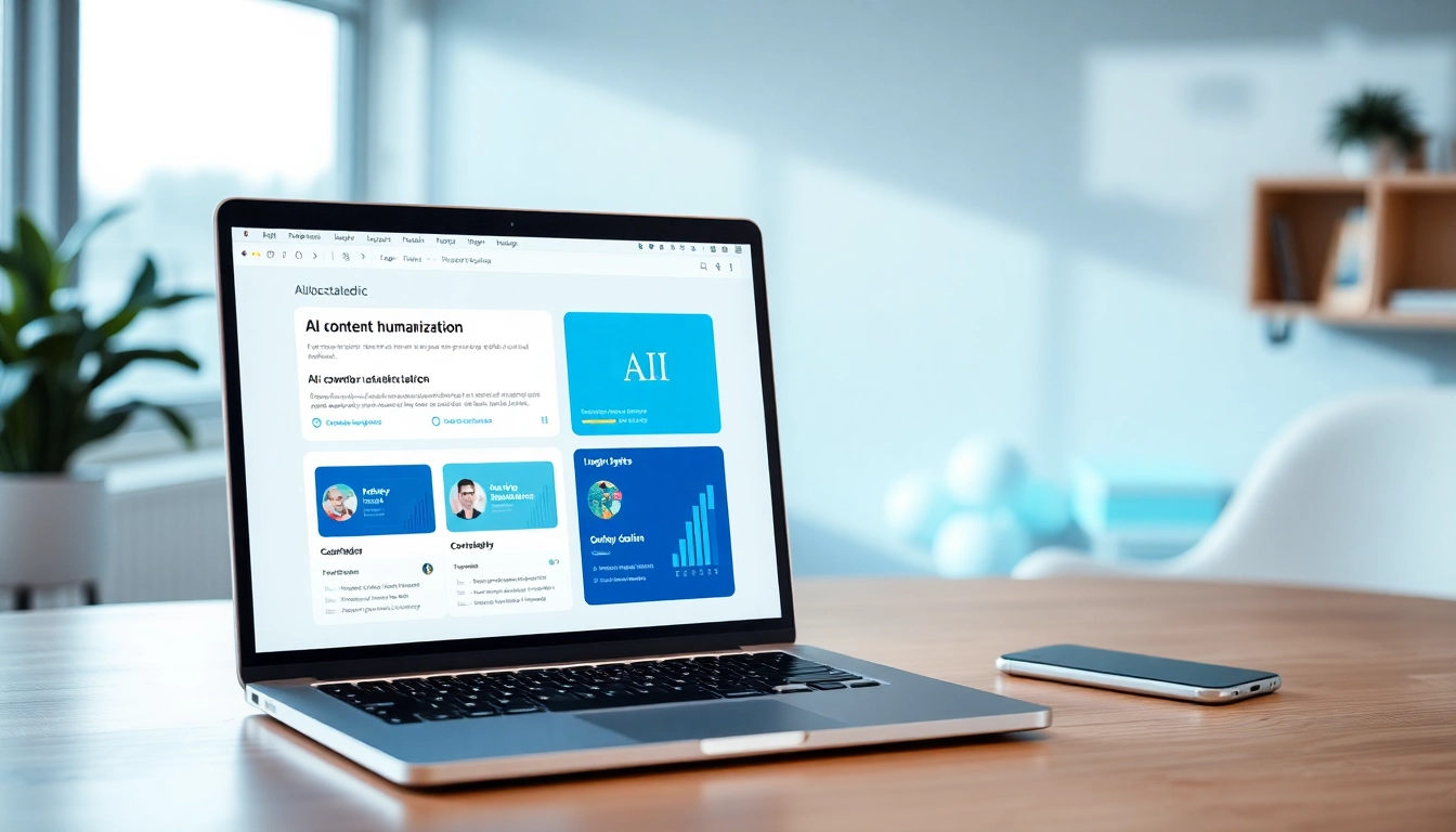 High-tech scene illustrating AI content humanization process with digital tools and data flow